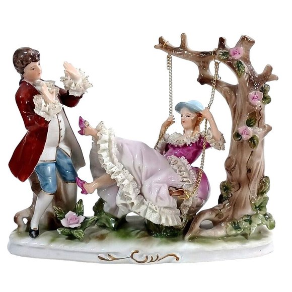 Romantic Dresden Lace Figurine Sculpture Man Woman Tree Swing Capodimonte - Picture 4 of 16